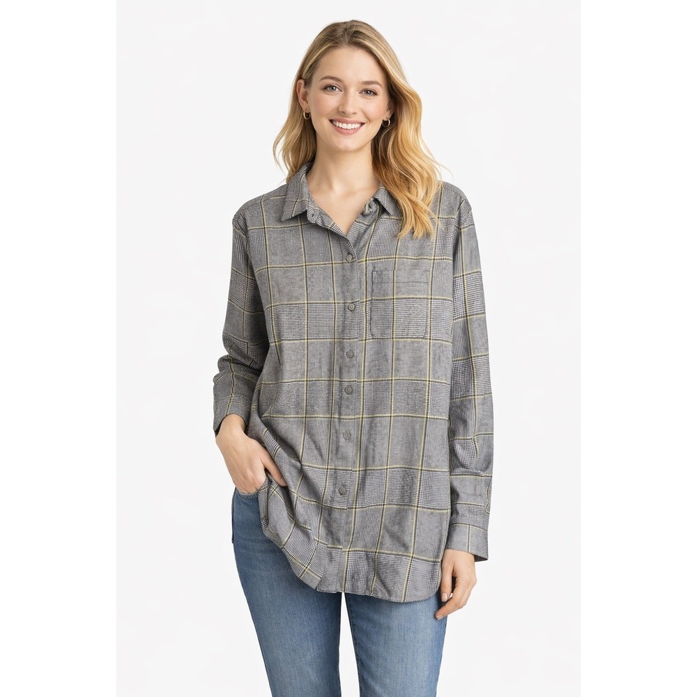 Eddie Bauer Womens Grey Yellow Glen Plaid Cotton Tencel Button Down Shirt Size M